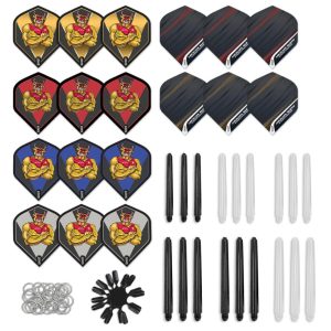 Play like a World Champion with this ultimate 84-piece accessory pack. Pack includes six sets (18 pieces) of assorted Bully Boy Michael Smith dart flights. In custom designs, durable 75 microns in standard shape. With six sets (18 pieces) of durable nylon shafts in various lengths, this is the perfect kit for experimenting and fine-tuning your throw. Complete with 16 Flight Protectors to reduce tearing and 32 Shaft Rings to keep flights fitted securely to dart shafts.