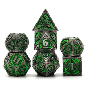 Haxtec Antique Iron Metal D&D Dice Set - Green With Dragon Pattern
