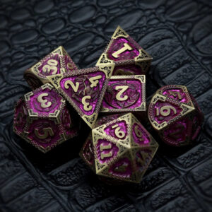 Haxtec Antique Bronze Metal D&D Dice Set - Purple With Dragon Pattern